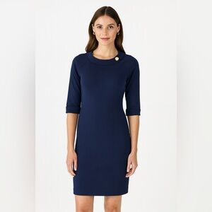 Talbots Navy Textured Button Shoulder Knit Sheath Dress Size 8 Classic Elegant